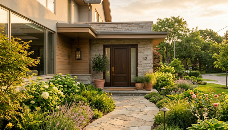 Wide-angle view of a modern elegant home entrance at sunrise.
