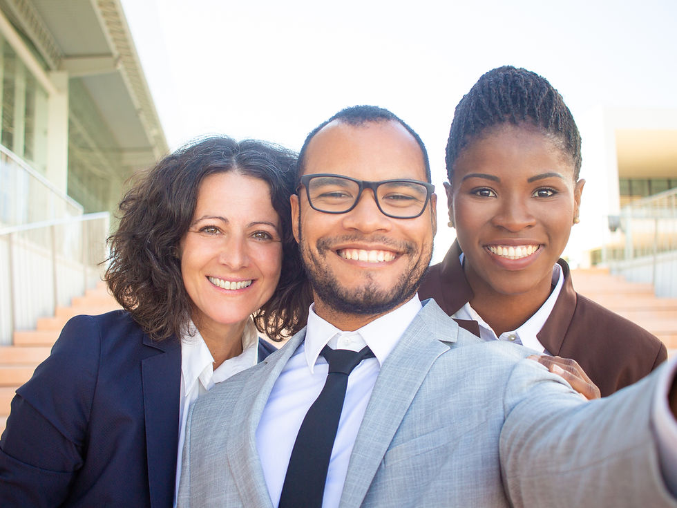 Happy mix raced business people taking group selfie Self portrait of joyful business man a