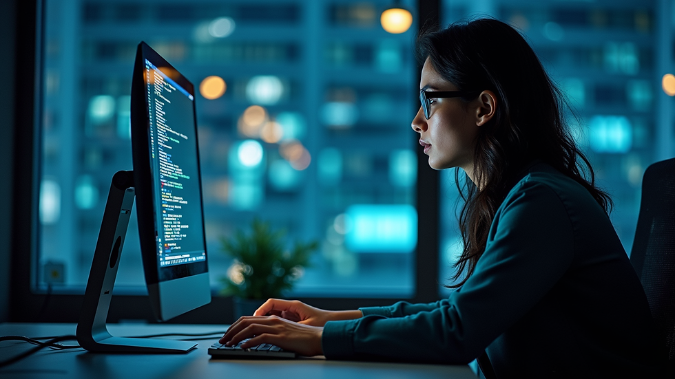 Eye-level view of a cybersecurity professional working on a computer