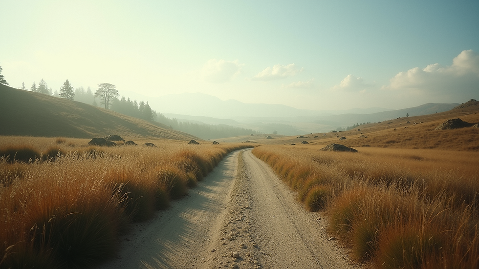 Eye-level view of a serene landscape with a winding path