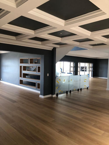 coffered ceiling, interior architecture, glass balustrades