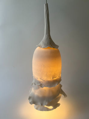 Cette lampe suspendue en porcelaine aux formes organiques laisse filtrer la lumière pour donner un doux éclairage subtile.