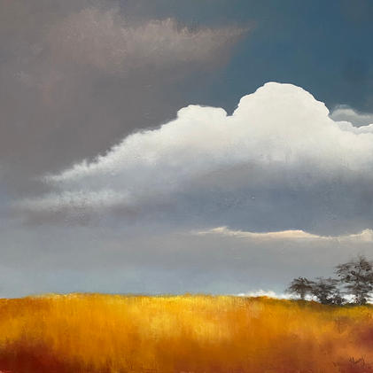 l'été 24x24" Des cumulus blancs passent dans un ciel bleu au dessus d'un champ jaune-doré