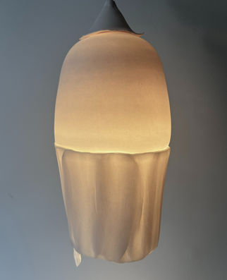 Cette lampe suspendue en porcelaine aux formes organiques laisse filtrer la lumière pour donner un doux éclairage subtile.