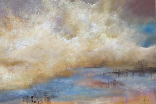 This is a foggy landscape with clouds and water.
acrylic on canvas