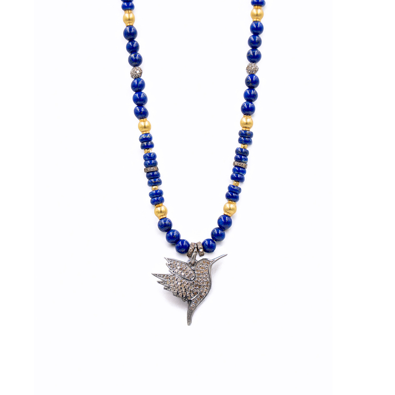 Elmas Kolibri Figürlü Lapis Ve Altın Kolye
