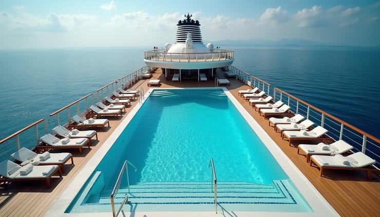 High angle view of Virgin Voyages outdoor pool deck with sun loungers and ocean view