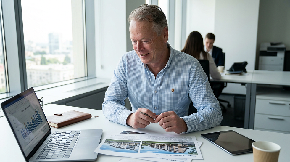 Professional businessman working at modern office desk with laptop, reviewing property doc