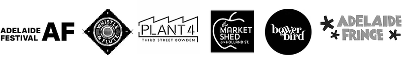 brand logos for Adelaide Festival, Whistle & Flute, Plant 4 Bowden, The Market Shed on Holland St., Bowerbird Bazaar and Adelaide Fringe