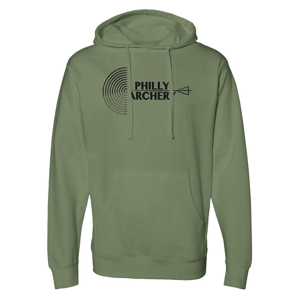 Thumbnail: Olive green hoodie with PHILLY ARCHER text, target, and arrow graphic.