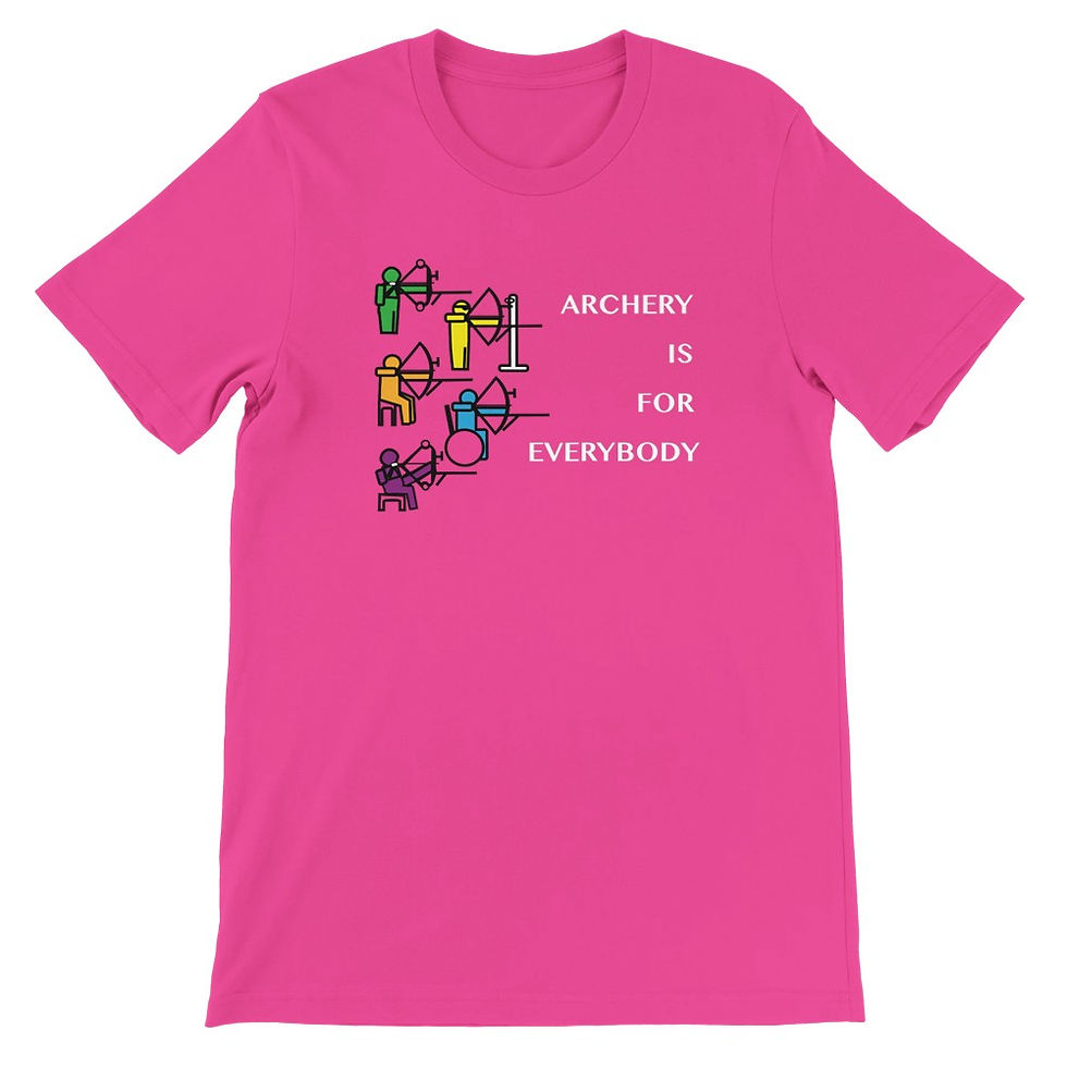 Thumbnail: Vibrant pink t-shirt with stick figures and "ARCHERY IS FOR EVERYBODY" text.