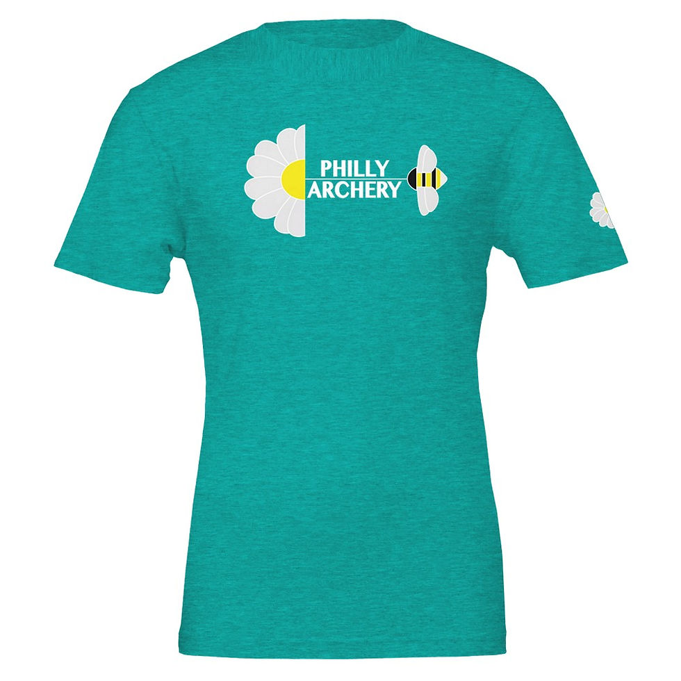 Thumbnail: Teal t-shirt featuring "PHILLY ARCHERY" logo with daisy and bee arrow.