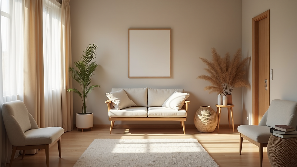 Eye-level view of a serene therapy room with comfortable seating