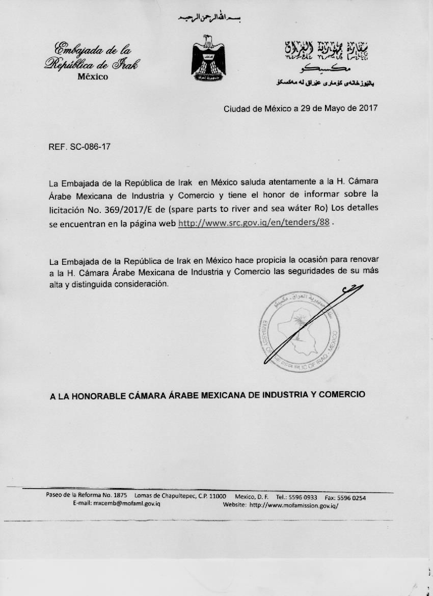 Licitación Embajada Irak No. 369/2017/E