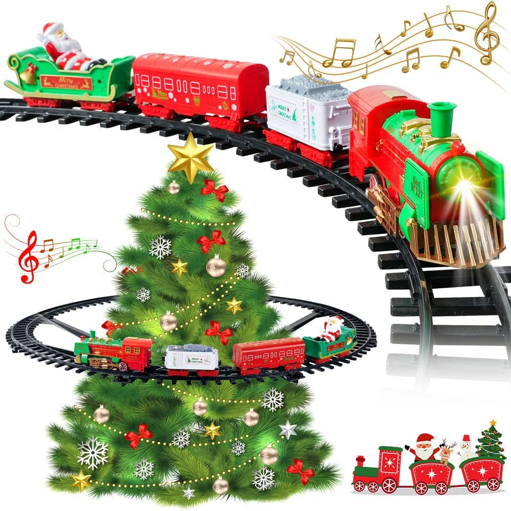 Set di treni natalizi sospesi, treno luminoso e sonoro intorno alla decor