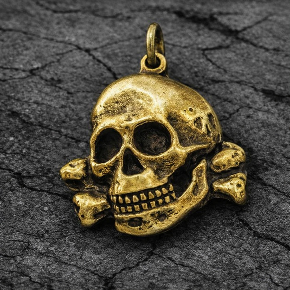 Hand‑cast skull and crossbones pendant facing left – brass biker necklace for chopper riders