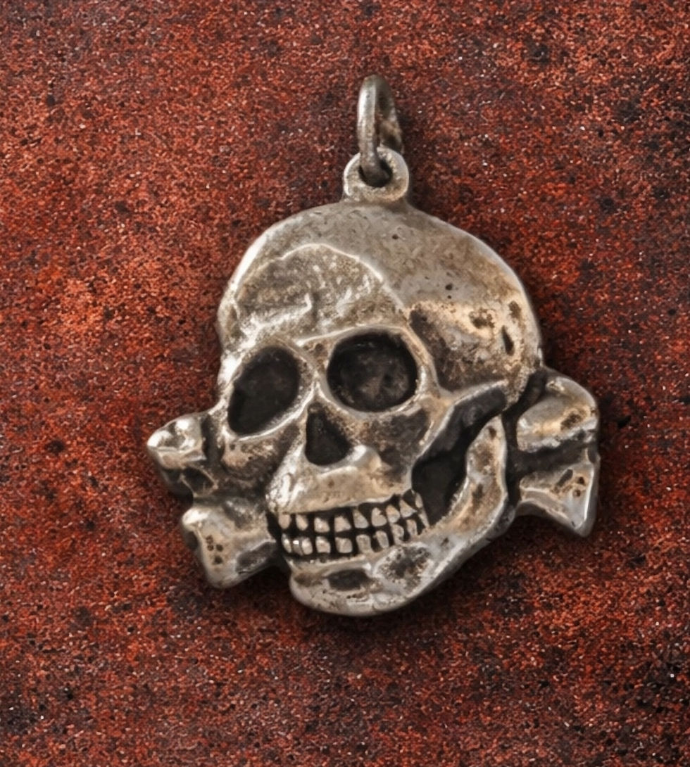 Sterling silver skull and crossbones pendant facing left – hand‑cast biker necklace for Harley riders