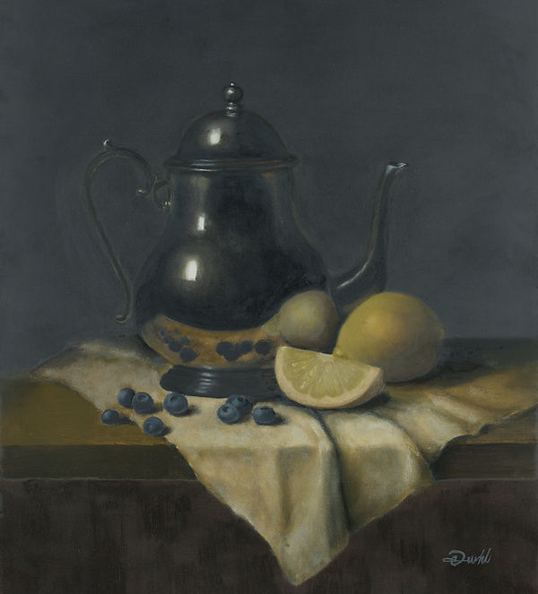 Silver and Citrus by Durhl Davis, oil on Artefex panel, silver teapot with lemons and blue