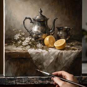 Still life oil painting Silver & Citrus with silver vessel and citrus fruit