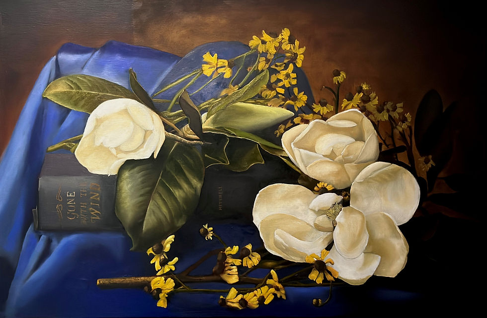 White magnolias and yellow flowers on a blue cloth, a book titled "Gone with the Wind" nearby. Warm, artistic setting. Fine art oirginal oil painting by Durhl Davis