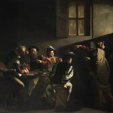 Caravaggio Baroque painting “The Calling of Saint Matthew,” depicting Christ calling Matthew as dramatic light cuts through a dark tavern interior.