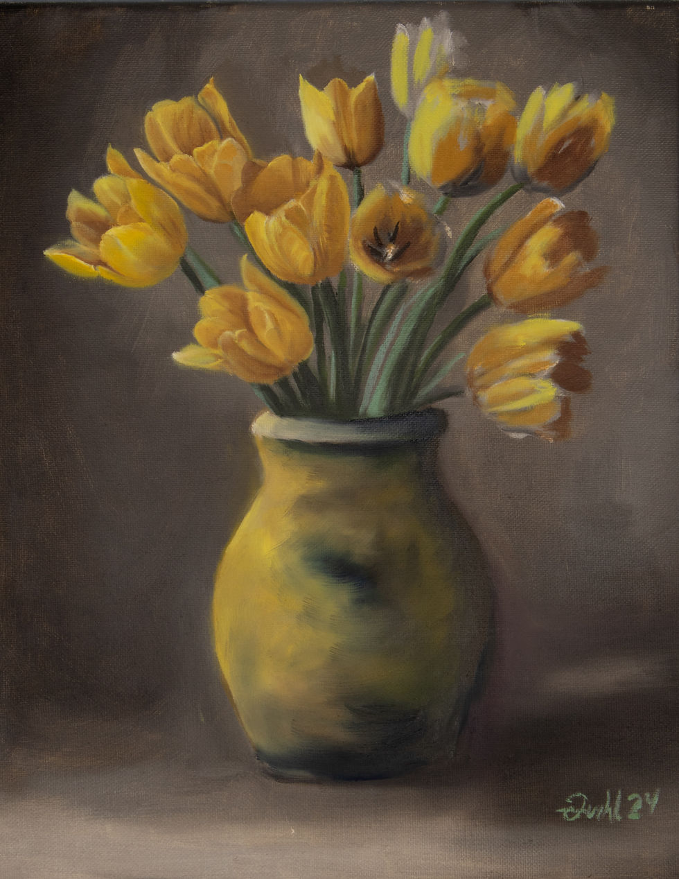 Still-life oil painting of yellow tuplis by Durhl Davis, Dutch-Master Style