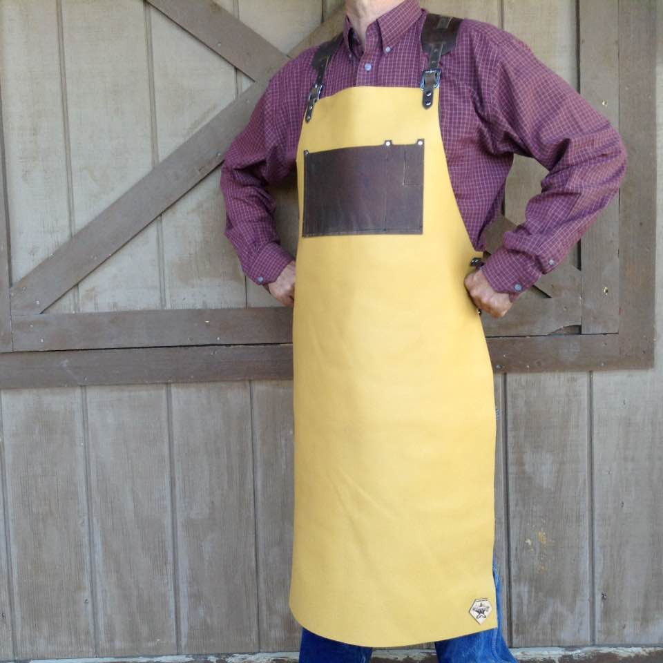 a blacksmith apron made of super-soft, pliable buckskin yellow bovine hide