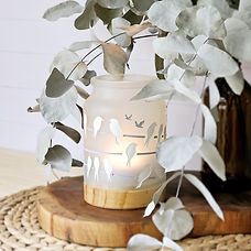 Frosted Glass lantern etched artwork white sparrows perched on grey lamp post wire with a timber base