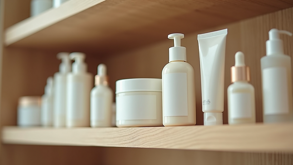 Eye-level view of a shelf filled with natural skincare products