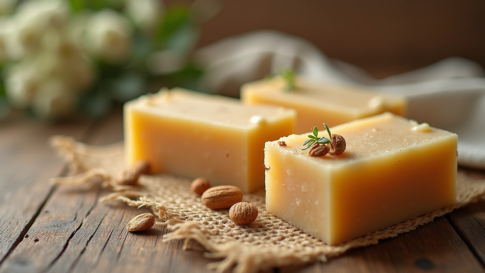 Close-up view of soap bars with natural ingredients on wooden surface