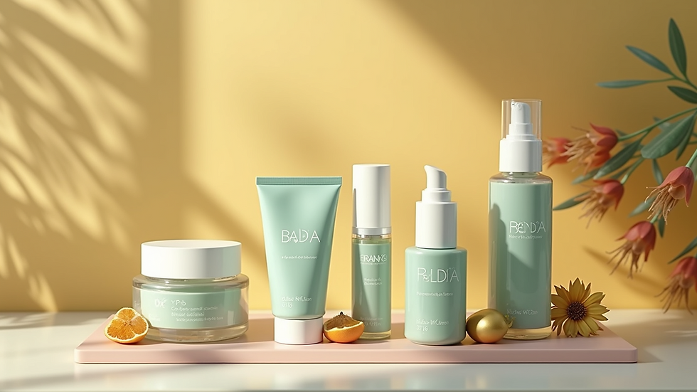 Wide angle view of cosmetic display featuring eco-friendly skincare