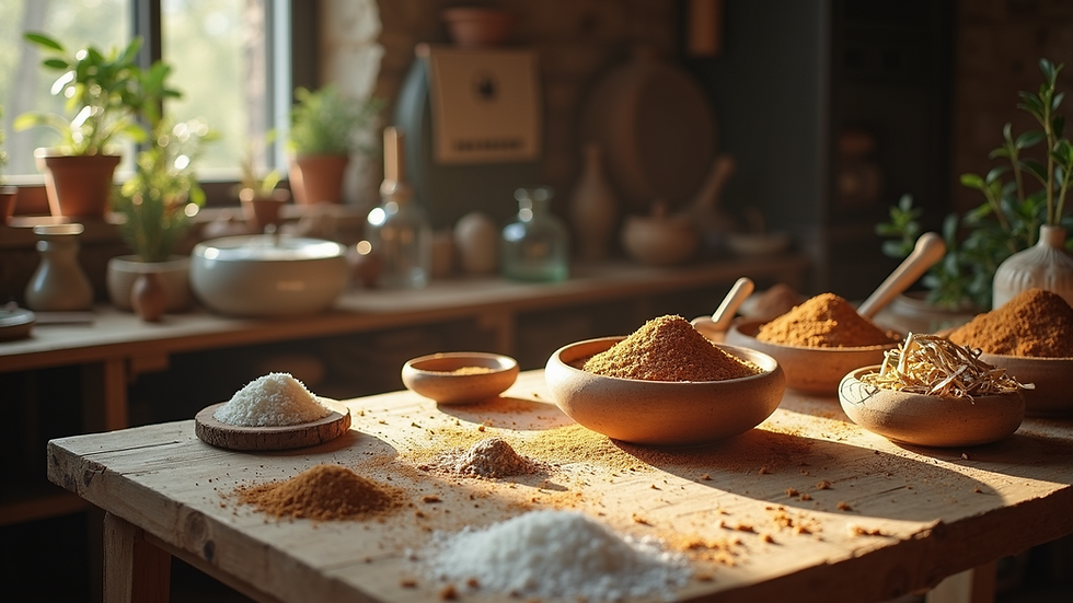 High angle view of an artisan workspace filled with natural ingredients