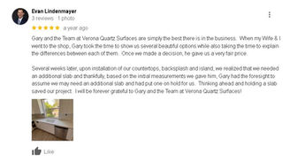 Detailed customer review on how they were greeted and educated on countertop options, they loved the stone and the best priced quartz option they picked out