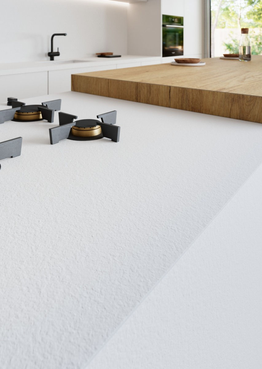 Thumbnail: Close-up of a countertop made from Santorini Bianco, highlighting its smooth, solid white surface with a hammered finish