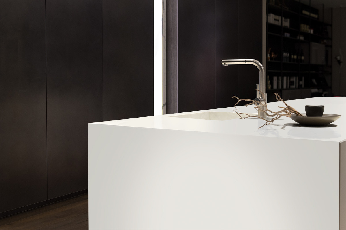 A timeless solid white canvas for creativity and expression. This stone is used for various design schemes in a kitchen, bath