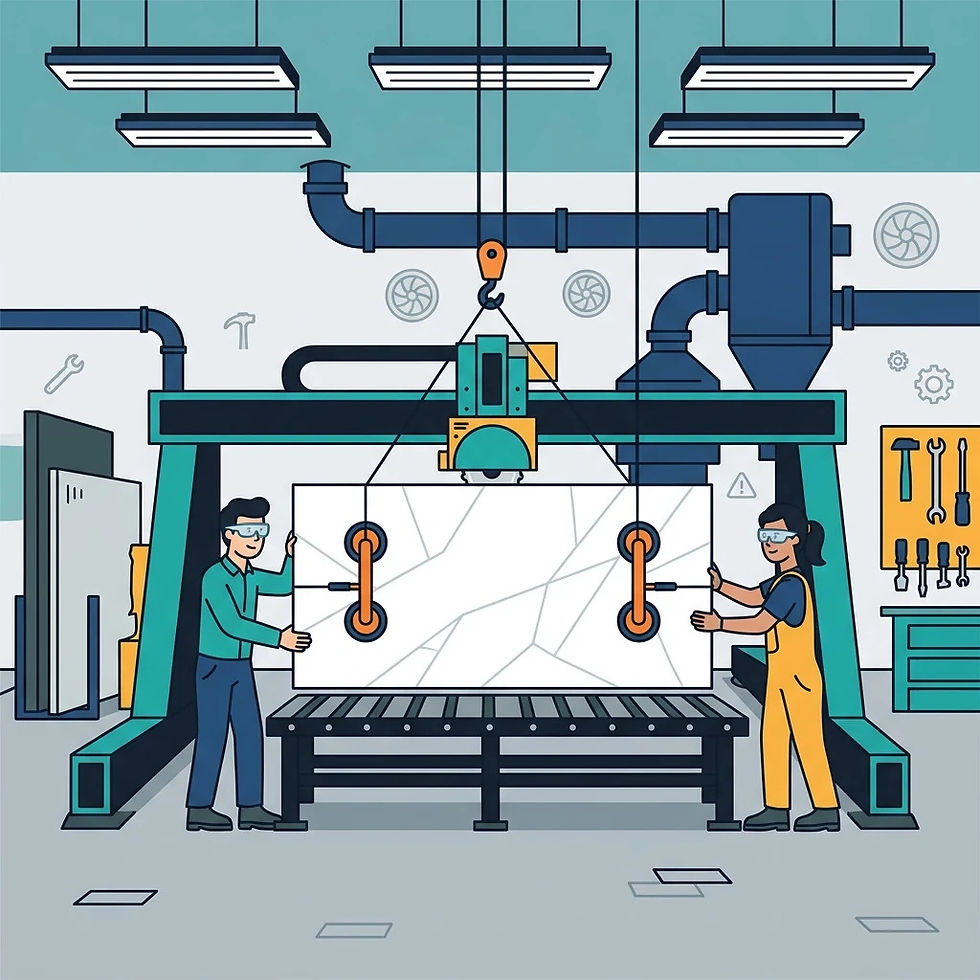 Stone fabrication bridge saw illustration to show how to properly handle large format stone slabs. This illustration demonstrates suction cups holding up a stone slab, with people keeping balance on both sides.
