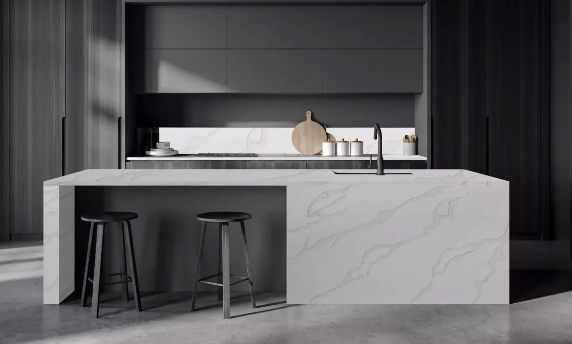 a modern kitchen  with a white base countertop and thick light grey veins across the entire stone.