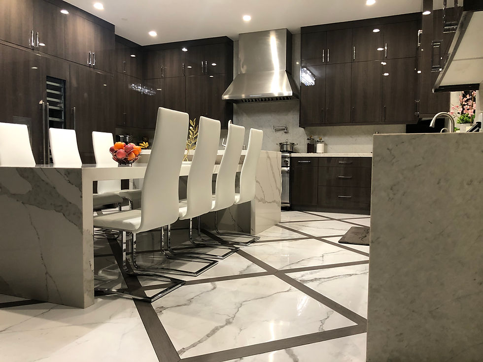 Thumbnail: Calacatta gold quartz side view with calacatta floors