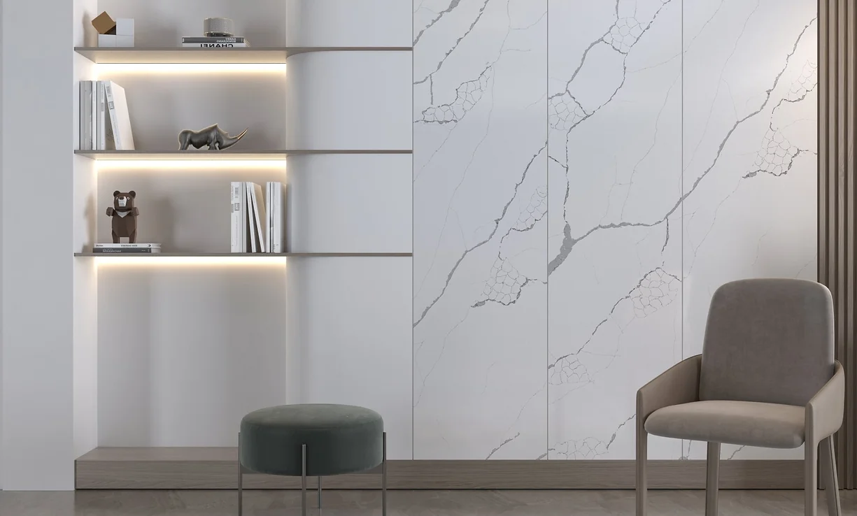 Quartz stone slab used as a decorative wall with staggered vertical grey veins running across the surface