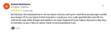 customer review: My fabricator Recommended me to Verona Quartz Surfaces and I got to meet the team and explore all the new designs Of Verona Quartz in their large indoor warehouse. Gary really spend the time and effort to walk me through all the designs and explain to me what Engineered stone really is. Best part is they have no lead time on any of there products.