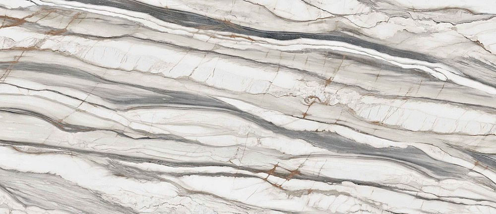 A multi layered porcelain slab that showcases a white base with mineral like grey and rustic gold veins