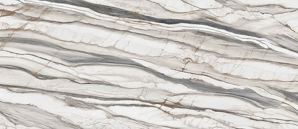 A multi layered porcelain slab that showcases a white base with mineral like grey and rustic gold veins