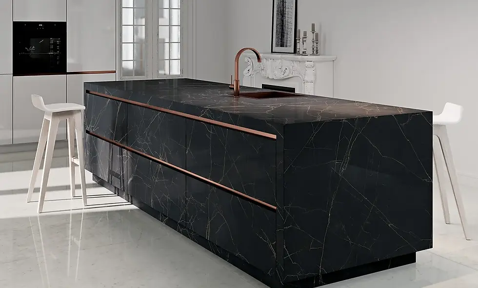 Port laurent featured in a modern kitchen with rose gold fixtures that bring out the warmth and complement the stylish aesthetic.
