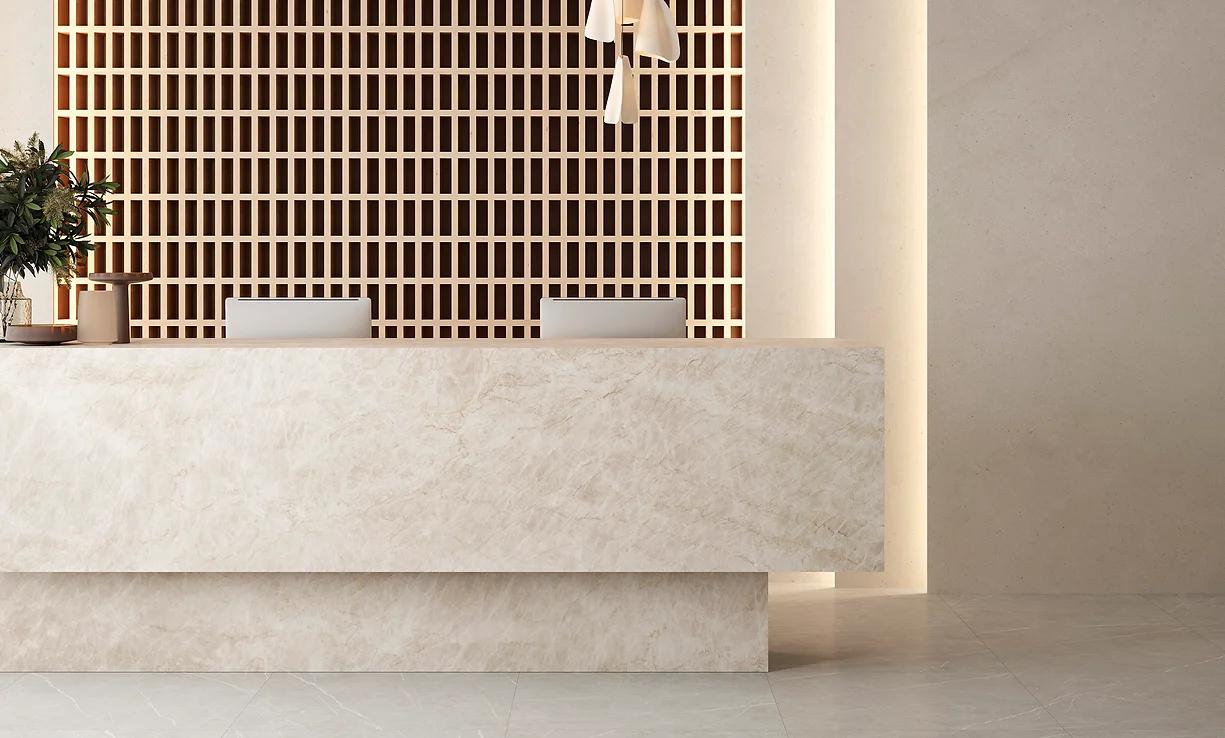 Taj Mahal quartzite look in porcelain featured on large reception desk