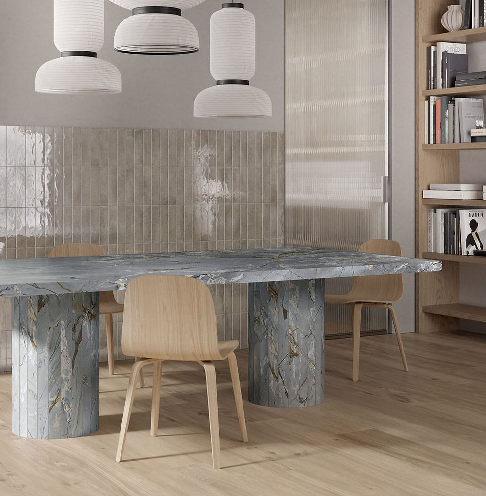 Thumbnail: A table top created with porcelain slabs, the base is made of stone as well. Porcelain blue roma in a serene dinner table area 