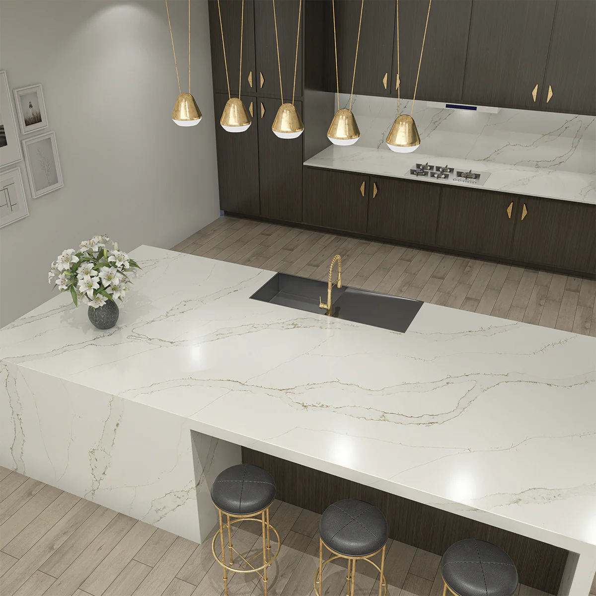 a brightly lit room with a countertop decorated in bold grey veins across the surface