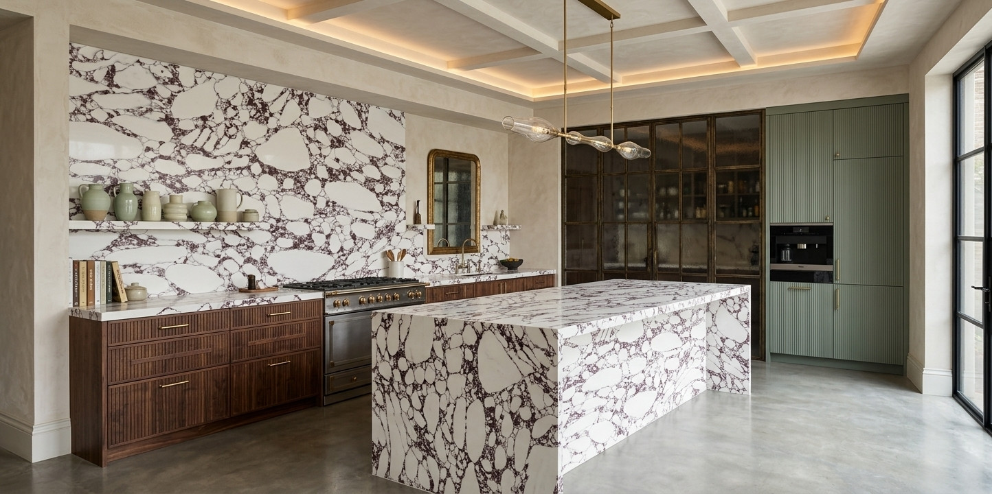 High contrast full slab view of Arabescato Viola quartz featuring crisp white breccia shapes surrounded by deep burgundy
