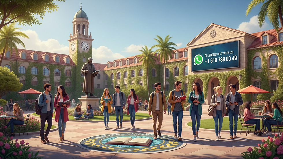 Eye-level view of a university campus with international students walking