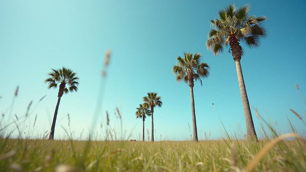 Eye-level view of a Florida landscape with palm trees and a clear blue sky