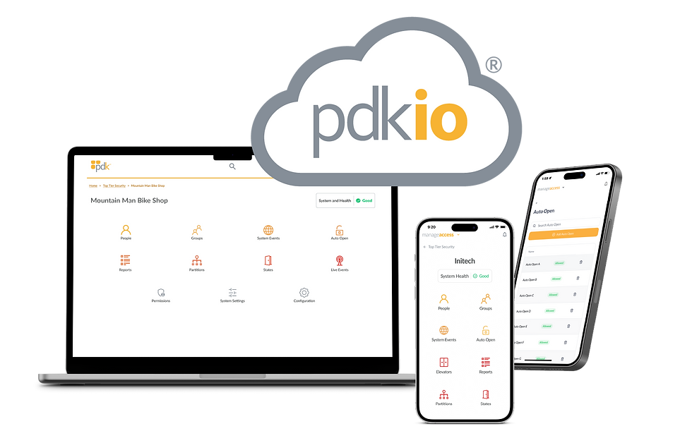 PDKio logo + a laptop and mobile device with the software
